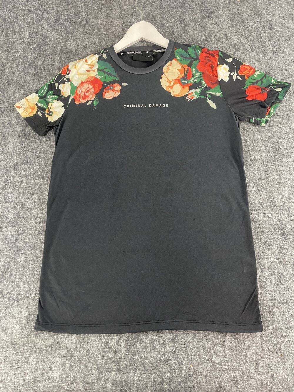 CRIMINAL DAMAGE Shirt Mens Medium Tee Floral Navy Blue Crew Neck T-Shirt N134